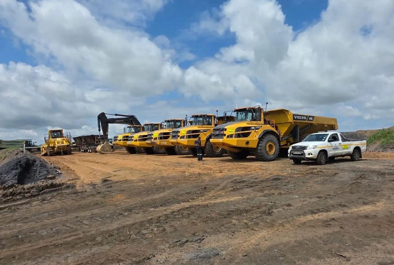 Volvo articulated dump trucks lined up on a mine site